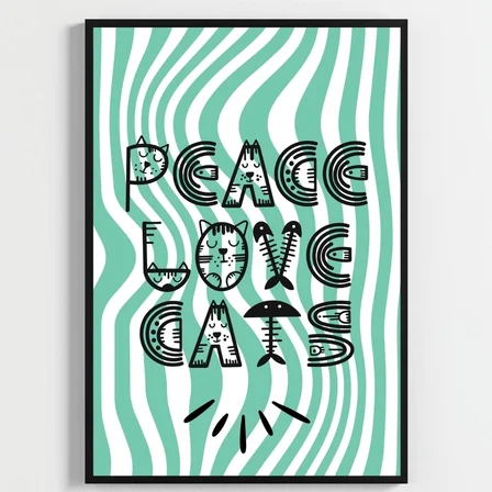 Besay Cool Cat | Renkli Genç Odası Duvar Dekorasyonu | Eğlenceli Kedi Ve Peace Temalı Estetik Tablo | 3'Lü Set A3 Çerçevesiz