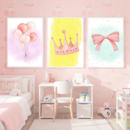 Besay Küçük Prenses | Kız Bebek Odası Duvar Dekorasyonu | Pembe Taç Ve Fiyonk Temalı Çocuk Posteri | 3'Lü Set A3 Çerçevesiz