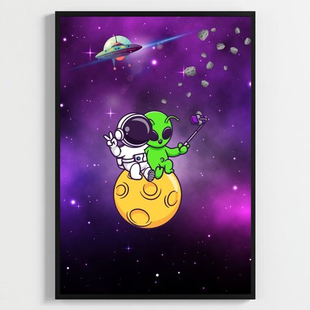 Besay Kozmik Dostluk | Modern Çocuk Odası Duvar Dekorasyonu | Ufo Ve Gezegen İllüstrasyonlu Komik Tablo Seti | 3'Lü Set A3 Çerçevesiz