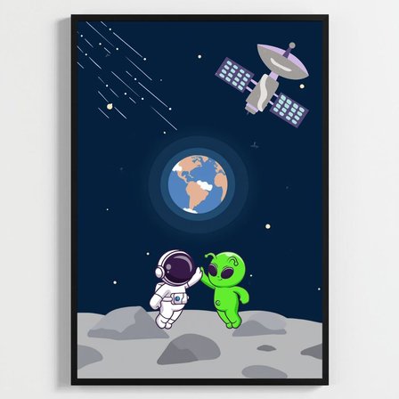 Besay Kozmik Dostluk | Modern Çocuk Odası Duvar Dekorasyonu | Ufo Ve Gezegen İllüstrasyonlu Komik Tablo Seti | 3'Lü Set A3 Çerçevesiz