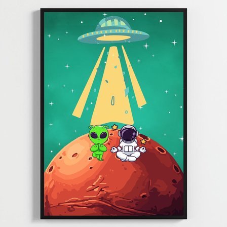 Besay Kozmik Dostluk | Modern Çocuk Odası Duvar Dekorasyonu | Ufo Ve Gezegen İllüstrasyonlu Komik Tablo Seti | 3'Lü Set A3 Çerçevesiz