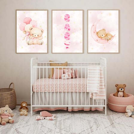 Besay Ayıcık Masalı Çocuk Odası Dekorasyonu, Bebek Hediyesi Sulu Boya Poster, 3'lü Set A3 (Çerçevesiz)