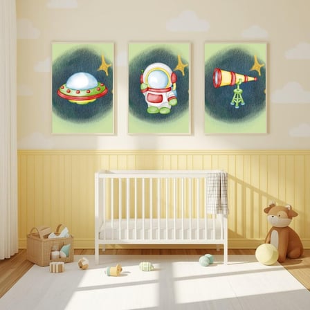 Besay Uzay Macerası | Astronotlu Eğitici Ve Eğlenceli Bebek Odası Posteri | 3'Lü Çocuk Odası Poster Seti A2 Çerçevesiz