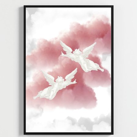 Besay Kanatlanmış | Modern Yatak Odası Duvar Dekorasyonu | Pembe Bulutlu Melek Kanadı Posteri | 3'Lü Set A2 Çerçevesiz