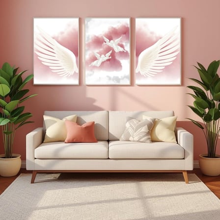 Besay Kanatlanmış | Modern Yatak Odası Duvar Dekorasyonu | Pembe Bulutlu Melek Kanadı Posteri | 3'Lü Set A2 Çerçevesiz