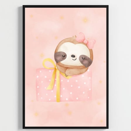 Besay Sevimli Tembel Hayvan | Bebek Odası Duvar Dekorasyonu | Pembe Bulutlu Ve Balonlu Çocuk Odası Posteri | 3'Lü Set A2 Çerçev