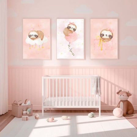 Besay Sevimli Tembel Hayvan | Bebek Odası Duvar Dekorasyonu | Pembe Bulutlu Ve Balonlu Çocuk Odası Posteri | 3'Lü Set A2 Çerçev