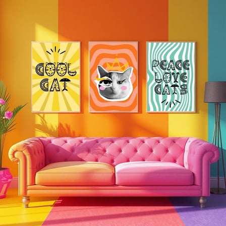 Besay Cool Cat | Renkli Genç Odası Duvar Dekorasyonu | Eğlenceli Kedi Ve Peace Temalı Estetik Tablo | 3'Lü Set A2 Çerçevesiz