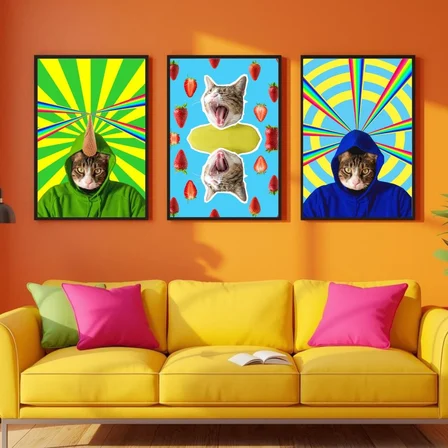 Besay Kozmik Kediler | Renkli Ev Duvar Dekorasyonu | Gökkuşağı Lazerli Ve Dondurmalı Komik Kedi Posteri | 3'Lü Set A2 Çerçevesiz