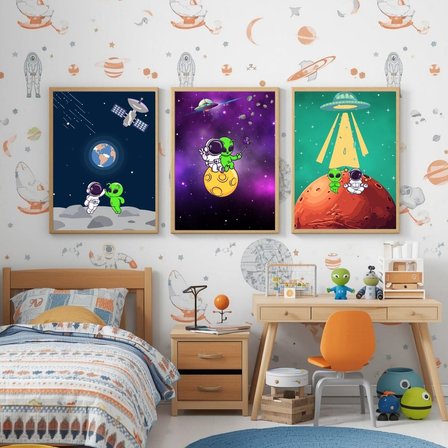 Besay Kozmik Dostluk | Modern Çocuk Odası Duvar Dekorasyonu | Ufo Ve Gezegen İllüstrasyonlu Komik Tablo Seti | 3'Lü Set A2 Çerç