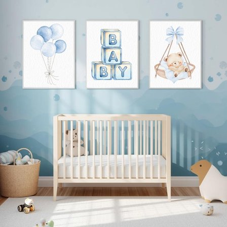 "Besay Mavi Düşler | ""Baby"" Küp Temalı Çocuk Odası Dekorasyonu | Yeni Doğan Erkek Bebek Hediyesi Poster | 3'Lü Set A2 Çerçeve