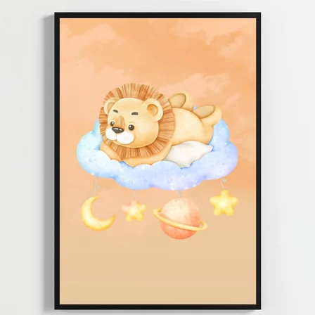 Besay Küçük Kralın Rüyası | Yavru Aslanlı Suluboya Gezegen Ve Bulut Temalı Bebek Odası Posteri | 3'Lü Çocuk Odası Poster Seti A