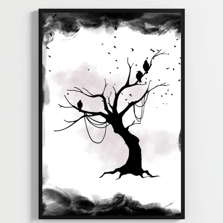 Besay Modern Kuzgun Ve Kuş Temalı Poster Seti | Gotik Gizemli Duvar Dekorasyonu | Siyah Beyaz Karga Ve Dal Tasarımlı Poster | 3