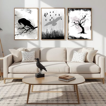 Besay Modern Kuzgun Ve Kuş Temalı Poster Seti | Gotik Gizemli Duvar Dekorasyonu | Siyah Beyaz Karga Ve Dal Tasarımlı Poster | 3