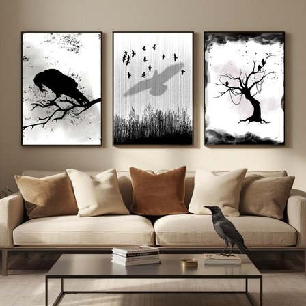 Besay Modern Kuzgun Ve Kuş Temalı Poster Seti | Gotik Gizemli Duvar Dekorasyonu | Siyah Beyaz Karga Ve Dal Tasarımlı Poster | 3