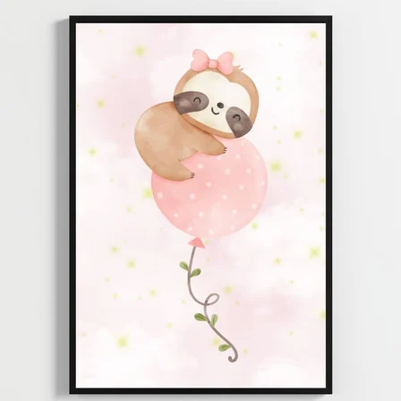 Besay Sevimli Tembel Hayvan | Bebek Odası Duvar Dekorasyonu | Pembe Bulutlu Ve Balonlu Çocuk Odası Posteri | 3'Lü Set A4 Çerçev