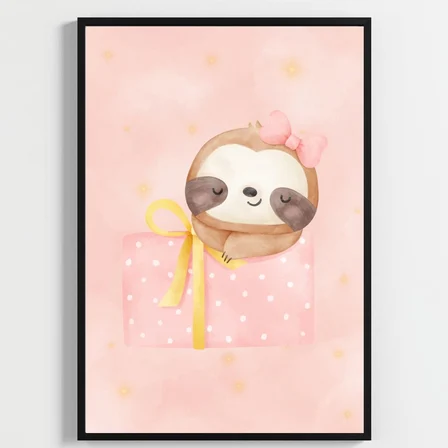Besay Sevimli Tembel Hayvan | Bebek Odası Duvar Dekorasyonu | Pembe Bulutlu Ve Balonlu Çocuk Odası Posteri | 3'Lü Set A4 Çerçev