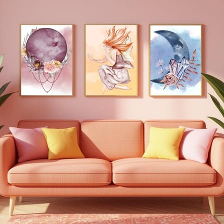 Besay Kozmik Rüya | Meditasyon Ve Yoga Odası Dekorasyonu | Çiçekli Kristal Ve Kadın Figürlü Poster | 3'Lü Set A4 Çerçevesiz