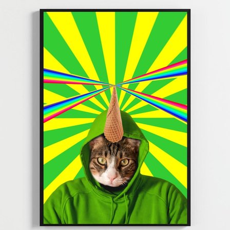 Besay Kozmik Kediler | Renkli Ev Duvar Dekorasyonu | Gökkuşağı Lazerli Ve Dondurmalı Komik Kedi Posteri | 3'Lü Set A4 Çerçevesi