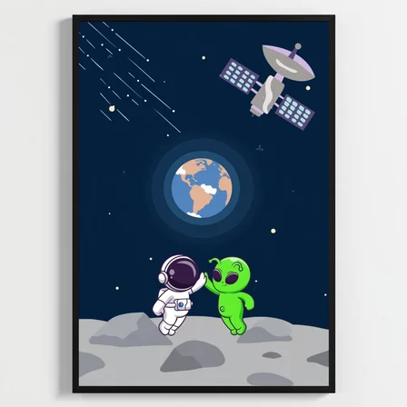 Besay Kozmik Dostluk | Modern Çocuk Odası Duvar Dekorasyonu | Ufo Ve Gezegen İllüstrasyonlu Komik Tablo Seti | 3'Lü Set A4 Çerç