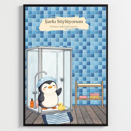 Besay Boneli Penguen | Eğlenceli Banyo ve Tuvalet Duvar Dekorasyonu | Duşta Şarkı Söyleyen Komik Hayvan Poster Tablo | A3 Tekli