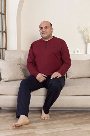 Erkek Büyük Beden 3 Düğmeli %100 Pamuk Mevsimlik Uzun Kollu Cepli Pijama Takımı