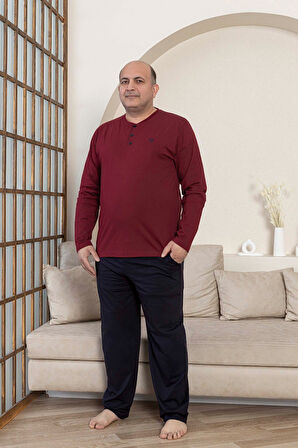 Erkek Büyük Beden 3 Düğmeli %100 Pamuk Mevsimlik Uzun Kollu Cepli Pijama Takımı