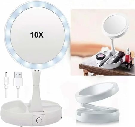 10X Büyütme Çift Taraflı Makyaj Ayna Katlanabilir 21 LED Işıklı Makyaj Aynası USB Kablo