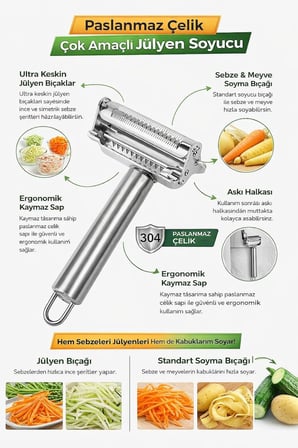 Paslanmaz Çelik Çift Taraflı Y Tipi Sebze Soyacağı, Bir Yüzü Düz, Diğer Yüzü Julienne Kesici Bıçaklı, Ergonomik Saplı, Patates Meyve ve Sebzeler İçin Dayanıklı Mutfak Aparatı