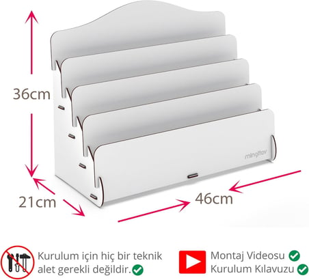 Mingitav Mini Lucky Montessori Çocuk Kitaplığı 4 Raflı Ahşap Çocuk Odası Kitaplık Masaüstü Mini Kitaplık (Beyaz)