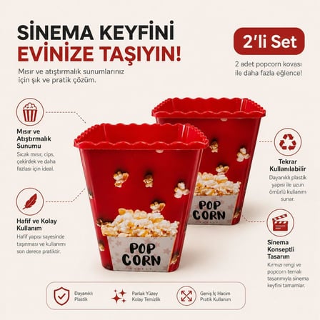 2’li Popcorn Kovası, Kırmızı Plastik Mısır Kovası Seti, Sinema Gecesi Atıştırmalık Sunum Kabı, Dalgalı Kenar Tasarımlı, Hafif ve Dayanıklı Patlamış Mısır Kabı