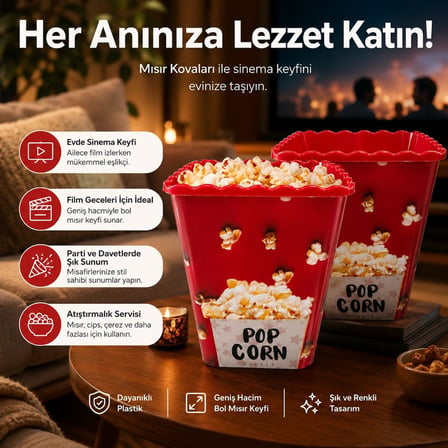 2’li Popcorn Kovası, Kırmızı Plastik Mısır Kovası Seti, Sinema Gecesi Atıştırmalık Sunum Kabı, Dalgalı Kenar Tasarımlı, Hafif ve Dayanıklı Patlamış Mısır Kabı