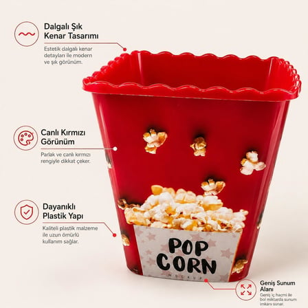 2’li Popcorn Kovası, Kırmızı Plastik Mısır Kovası Seti, Sinema Gecesi Atıştırmalık Sunum Kabı, Dalgalı Kenar Tasarımlı, Hafif ve Dayanıklı Patlamış Mısır Kabı