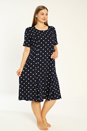 Lacivert Puantiyeli Kısa Kollu Cepli Pamuklu Büyük Beden Elbise