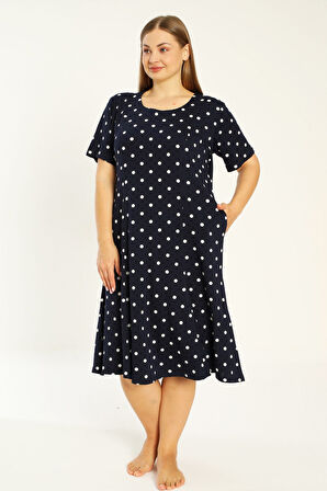 Lacivert Puantiyeli Kısa Kollu Cepli Pamuklu Büyük Beden Elbise