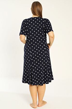 Lacivert Puantiyeli Kısa Kollu Cepli Pamuklu Büyük Beden Elbise