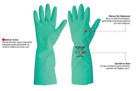 Kimyasal Nitril Eldiven Starline Stl-1815 AJKLMNOPT EN 388: 4101X 9-9,5 Beden 