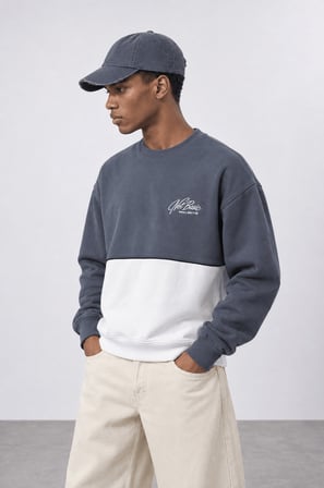 Erkek Not Basic Project Nakışlı Oversize Sweatshirt Füme