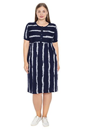 Lacivert Çizgi Desenli Kısa Kollu Düğmeli Cepli Büyük Beden Pamuklu Elbise