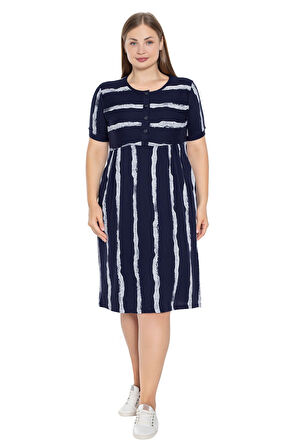 Lacivert Çizgi Desenli Kısa Kollu Düğmeli Cepli Büyük Beden Pamuklu Elbise