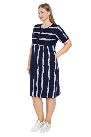 Lacivert Çizgi Desenli Kısa Kollu Düğmeli Cepli Büyük Beden Pamuklu Elbise