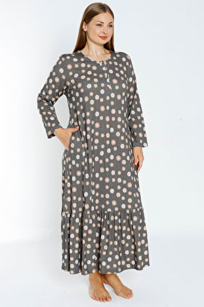 desenli uzun kollu düğmeli cepli kadın büyük beden pamuklu elbise