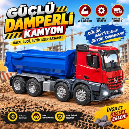 Büyük Boy  MB Across Damperli Oyuncak Kamyon – Hareketli Kasalı İnşaat Aracı