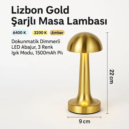 Elektrikurunleri Dekoratif Masa Lambası Dimmerli Şarjlı Lizbon Gold Cafe Restoran Masa Lambası 3 Renk Işık Modu