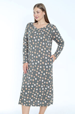 Desenli V Yaka Büyük Beden Cepli Pamuklu Uzun Kollu Elbise