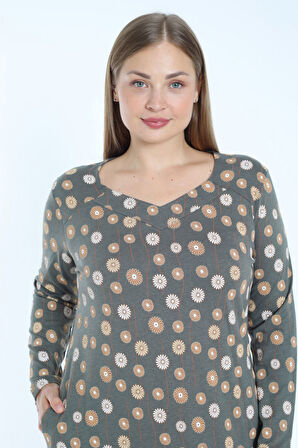 Desenli V Yaka Büyük Beden Cepli Pamuklu Uzun Kollu Elbise