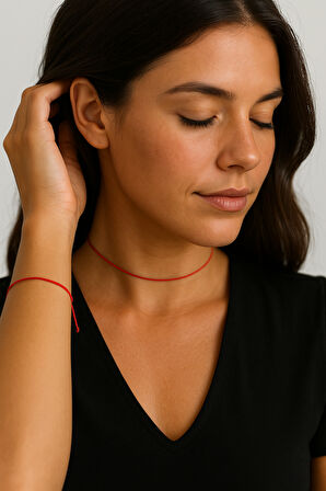 Ayarlanabilir Kırmızı İp Kolye Choker ve Bileklik Takımı