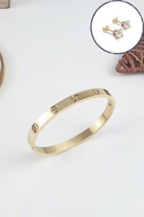 %100 Çelik Düz Kelepçe Bileklik (316 Steel) Zirkon Taşlı Küpe Hediyeli B500