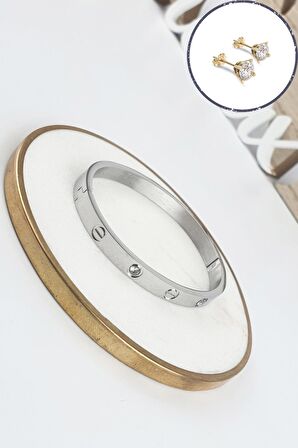 %100 Çelik Taşlı Kelepçe Bileklik (316 Steel) Zirkon Taşlı Küpe Hediyeli B500