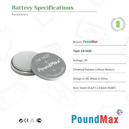 PoundMax 5 adet 1620 (CR1620,DL1620) 3V düğme pil